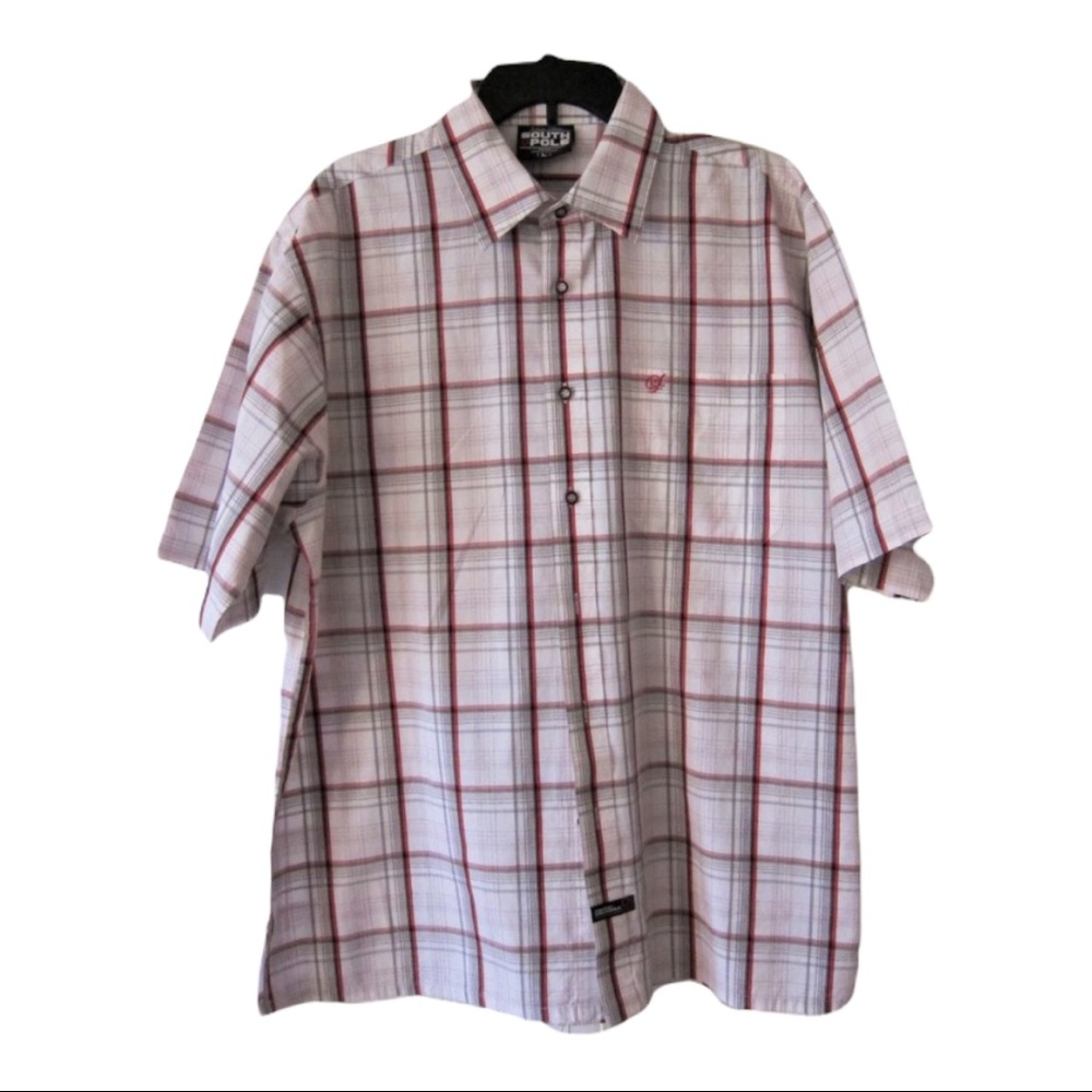5/$20 white red and grey plaid shortsleeve collar shirt